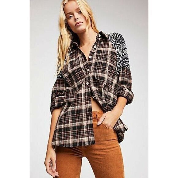 NEW FREE PEOPLE Sz S FIRESIDE NIGHTS BUTTONDOWN PLAID MIXED MEDIA - Picture 2 of 3
